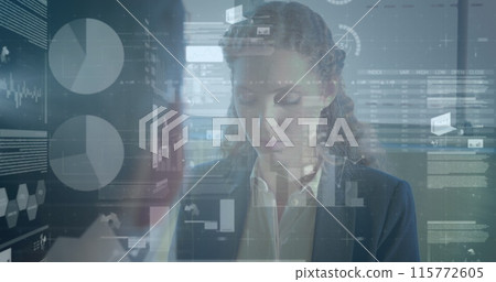 Image of financial data over caucasian businesswoman Image of financial data over caucasian businesswoman 115772605