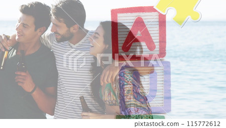 Image of colourful puzzle pieces and autism text over happy friends at summer beach party Image of colourful puzzle pieces and autism text over happy friends at summer beach party 115772612