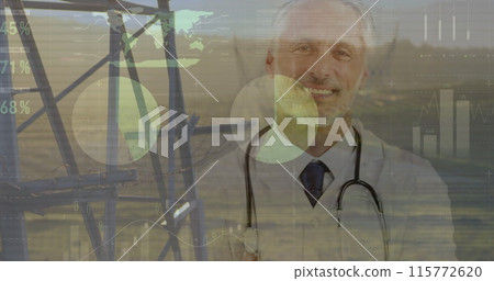 Image of data processing with pylons and landscape over caucasian male doctor Image of data processing with pylons and landscape over caucasian male doctor 115772620