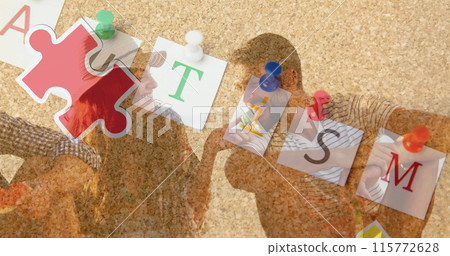Image of colourful puzzle pieces and autism text over happy friends at summer beach party Image of colourful puzzle pieces and autism text over happy friends at summer beach party 115772628