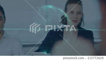 Image of financial data and globe over happy caucasian businesswoman Image of financial data and globe over happy caucasian businesswoman 115772629