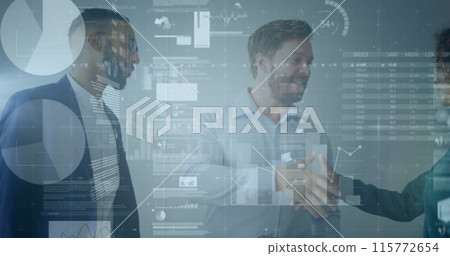 Image of financial data over diverse businesspeople shaking hands Image of financial data over diverse businesspeople shaking hands 115772654