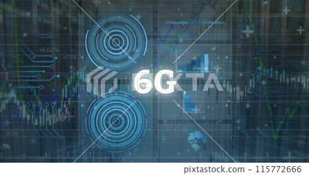 Image of 6g text, statistics and data processing over computer servers background 115772666