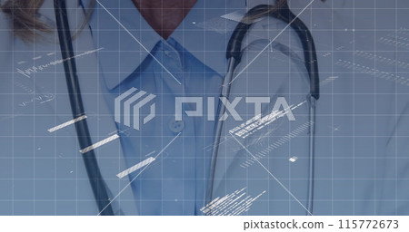 Image of data processing and digital padlock over happy caucasian female doctor Image of data processing and digital padlock over happy caucasian female doctor 115772673