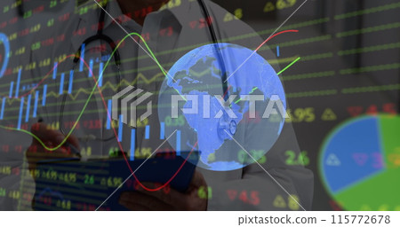 Image of data processing and globe over caucasian male doctor 115772678