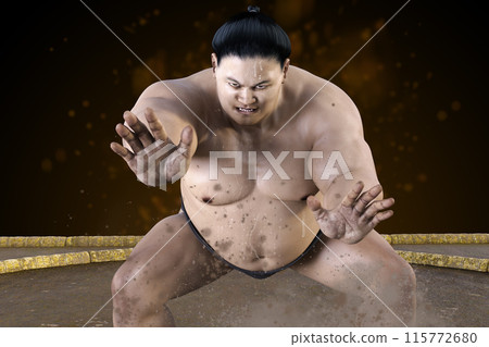 Sumo wrestlers fighting with their big hands outstretched and fighting spirit on full display 115772680