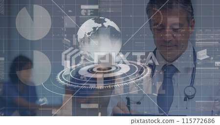 Image of data processing and globe over diverse doctors Image of data processing and globe over diverse doctors 115772686