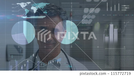 Image of data processing over caucasian male doctor Image of data processing over caucasian male doctor 115772719