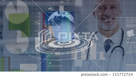 Image of data processing and globe over caucasian male doctor Image of data processing and globe over caucasian male doctor 115772724