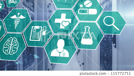 Image of multiple medical icons against computer server room 115772751