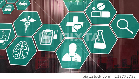 Image of multiple medical icons against computer server room 115772755
