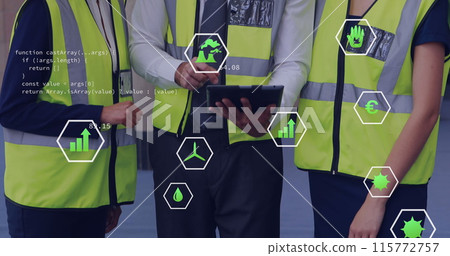 Image of connections with icons over diverse business people in office 115772757