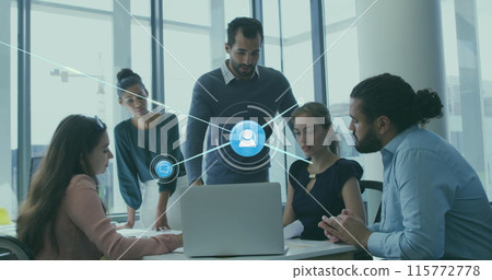 Image of connected profile icons over diverse coworkers sharing ideas in meeting at office 115772778