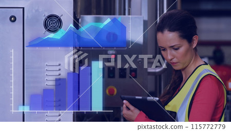 Image of data processing over caucasian female engineer using tablet Image of data processing over caucasian female engineer using tablet 115772779