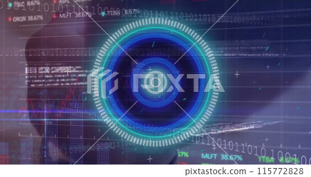 Image of illuminated circles over trading board, binary codes, graphs and computer language 115772828