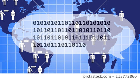 Image of data processing binary coding over world map and grid Image of data processing binary coding over world map and grid 115772860