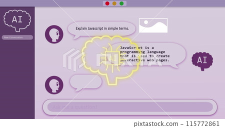 Image of ai data processing over purple computer screen background 115772861
