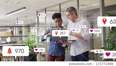 Image of multiple notification bars over diverse coworkers discussing reports on laptop Image of multiple notification bars over diverse coworkers discussing reports on laptop 115772866
