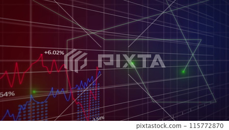 Image of grid pattern over moving lines and multiple graphs with numbers on black background Image of grid pattern over moving lines and multiple graphs with numbers on black background 115772870