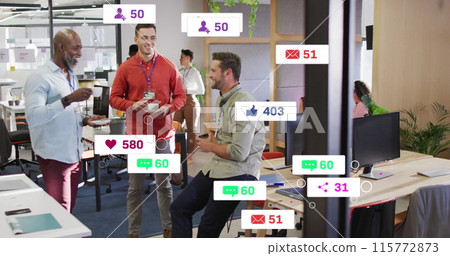 Image of notification bars over diverse coworkers discussing during tea break in office Image of notification bars over diverse coworkers discussing during tea break in office 115772873