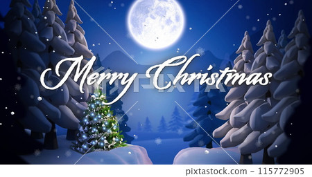 Image of merry christmas text over full moon in winter scenery background 115772905