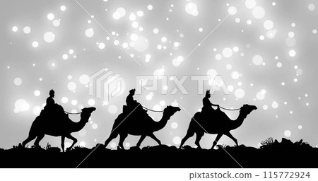 Image of glowing spots over christmas wise men on camels on grey background Image of glowing spots over christmas wise men on camels on grey background 115772924