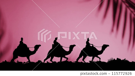 Image of christmas wise men on camels on pink background 115772926