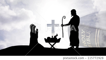 Image of christmas nativity scene and bible on clouds background Image of christmas nativity scene and bible on clouds background 115772928