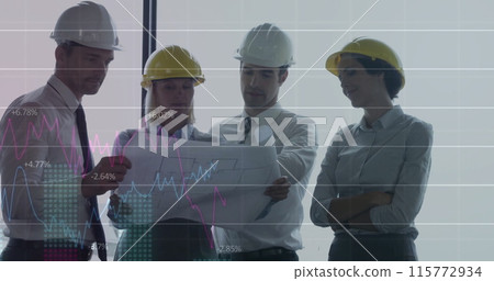 Image of financial data processing over diverse architects with plans in office 115772934