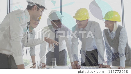 Image of financial data processing over diverse architects with plans in office Image of financial data processing over diverse architects with plans in office 115772938
