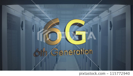 Image of 6g text banner spinning over cloud of network of connections against server room 115772940
