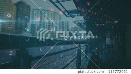 Image of cyber security data processing against time-lapse of city traffic 115772961