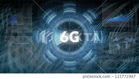 Image of 6g text, radar in arc reactor, graphs, map and computer language over dynamic waves 115772987