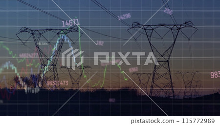 Image of financial data processing over electricity pylons on field 115772989