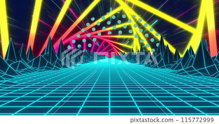 Image of 3d model of mountains on grid pattern over multicolored tunnel 115772999