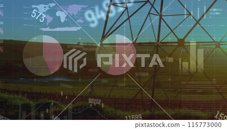 Image of financial data processing over electricity pylon on field 115773000