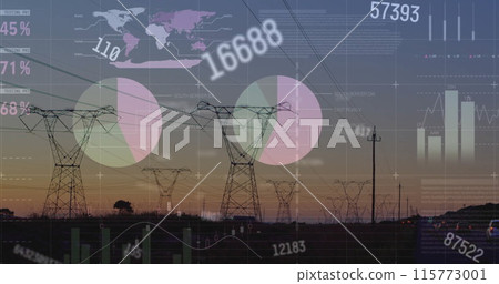 Image of financial data processing over electricity pylons on field Image of financial data processing over electricity pylons on field 115773001