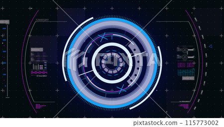 Image of scope scanning over neon round scanner and data processing against black background 115773002