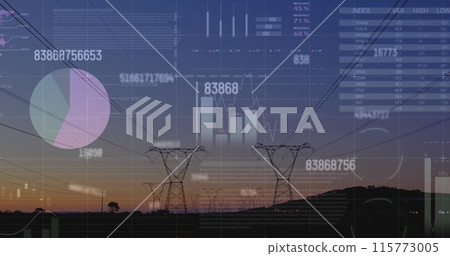 Image of financial data processing over electricity pylons on field Image of financial data processing over electricity pylons on field 115773005