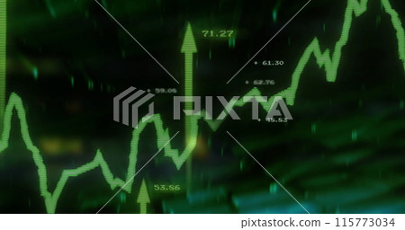 Image of stock market and diagrams with arrows on black background Image of stock market and diagrams with arrows on black background 115773034