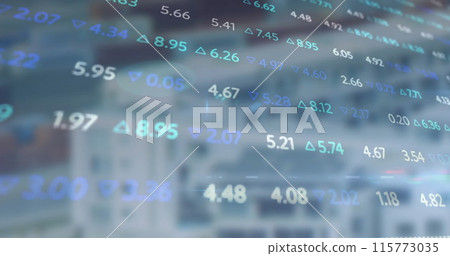 Image of stock market and diagrams over cityscape 115773035