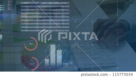 Image of financial data processing over african american businessman using laptop 115773039