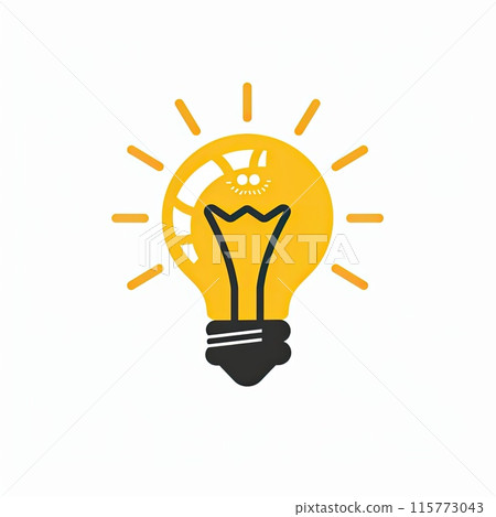 An illuminated light bulb emitting rays against a white backdrop 115773043
