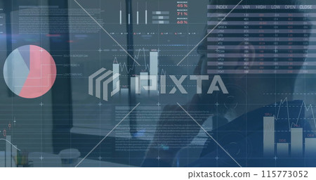 Image of financial data processing over caucasian businessman using laptop Image of financial data processing over caucasian businessman using laptop 115773052