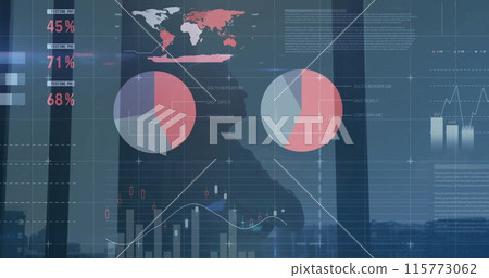Image of financial data processing over caucasian businessman looking through window Image of financial data processing over caucasian businessman looking through window 115773062