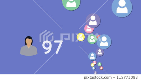 Digital image of social media icons moving upwards in the screen and a profile of a woman icon with 115773088