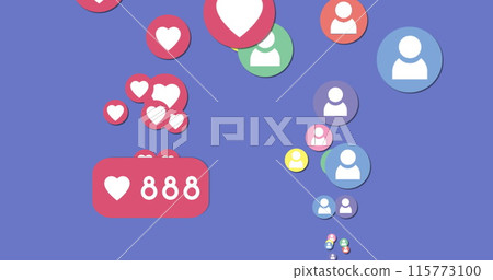 Digital image of social media icons moving upwards in the screen and a heart icon with increasing nu Digital image of social media icons moving upwards in the screen and a heart icon with increasing nu 115773100