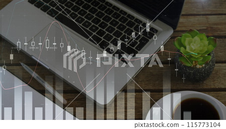 Digital image of graphs moving in the screen with a background of a work space with a cup of coffee, 115773104