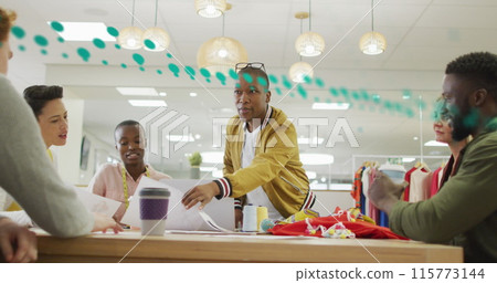 Image of graphs and changing numbers, globe over diverse coworkers discussing reports 115773144