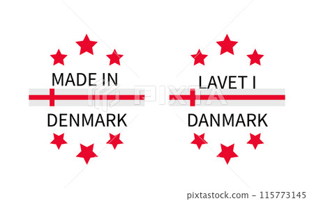 Made in Denmark labels in English and in Danish languages. Quality mark vector icon. Perfect for logo design, badges, tags, stickers, emblem, product package, etc 115773145